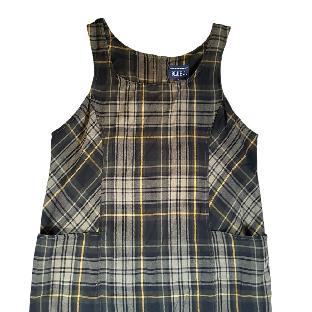 BLUE J black/tan/olive plaid jumper dress midi/maxi with pockets size Large - Picture 7 of 8